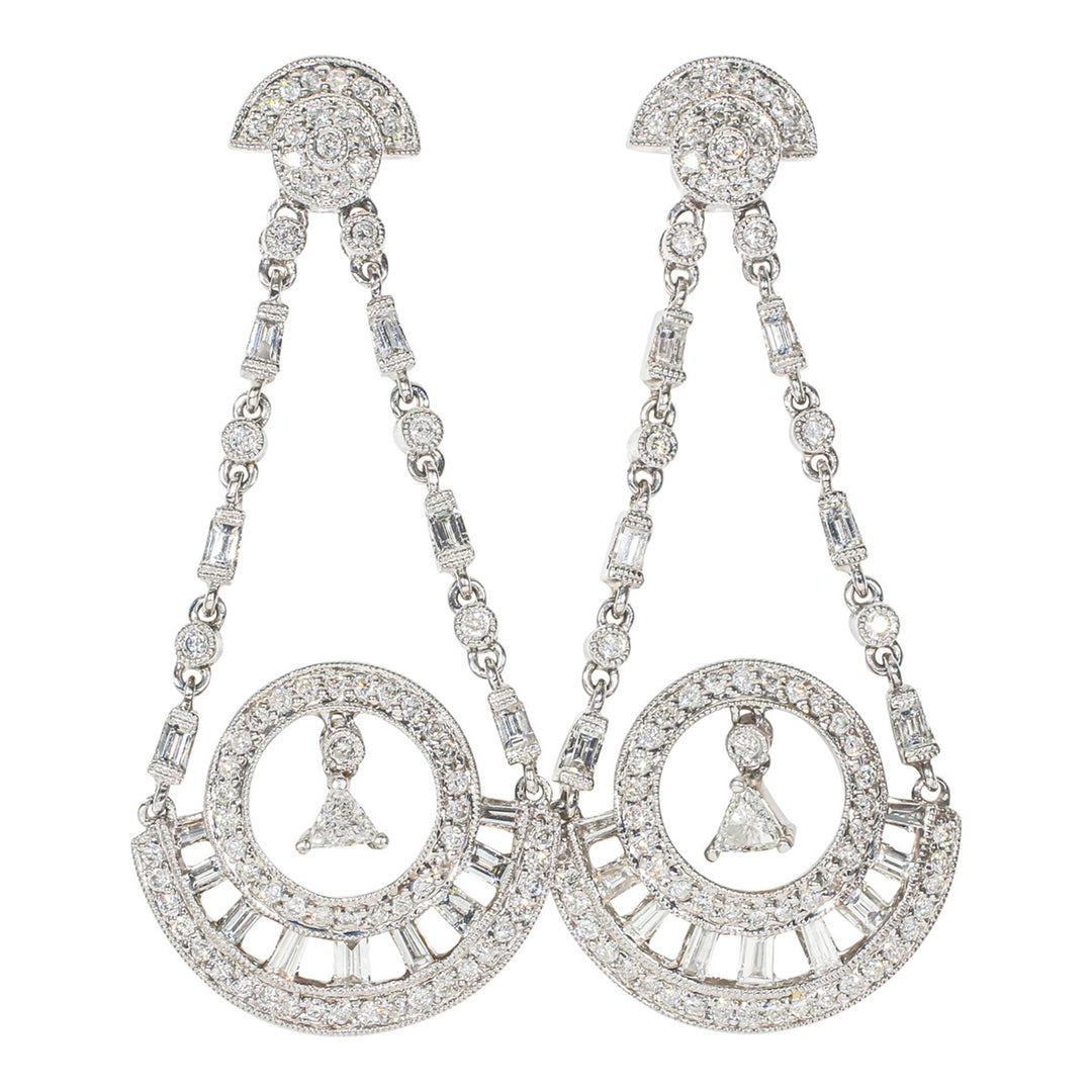 Dangling earrings with channel set baguettes, pave and bezel set rounds, and prong set trilliant diamonds.  D2.25ct.t.w.