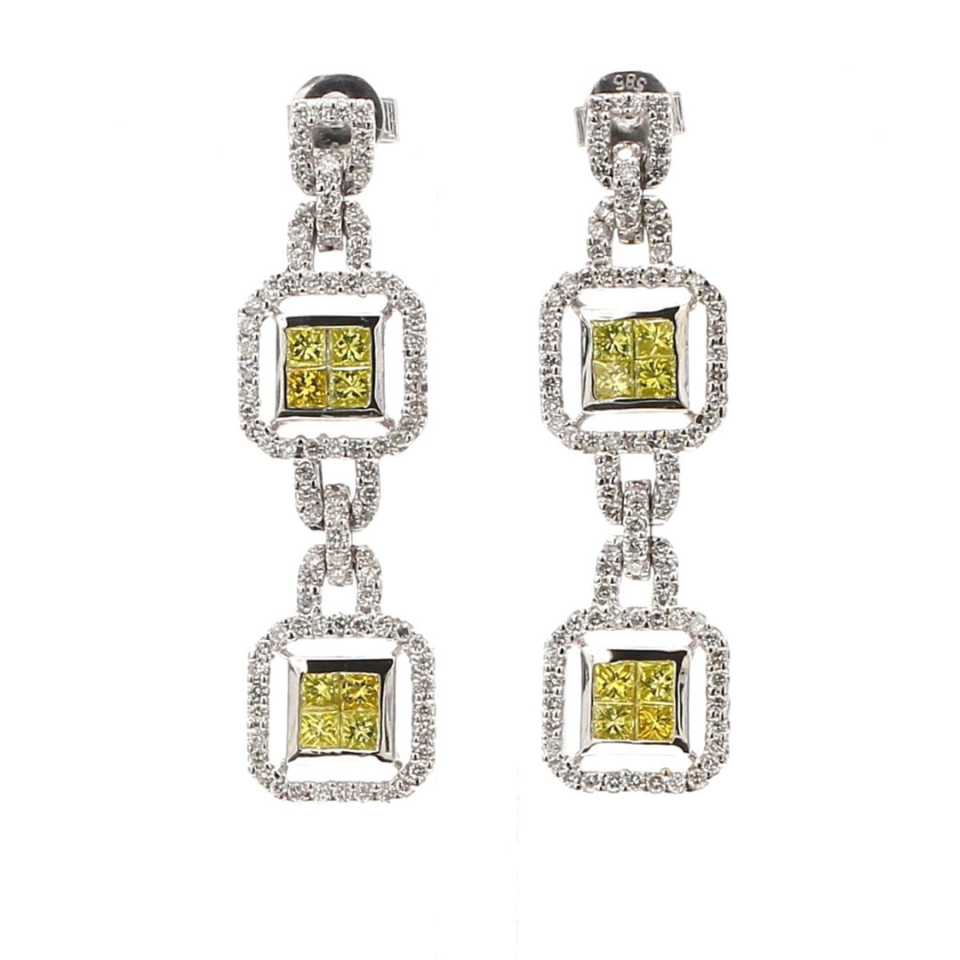 Drop-earrings with round diamonds & 2x2 FY princess cut diamond centers.  D1.10ct.t.w.  Fancy Yellow 1.15ct.t.w.