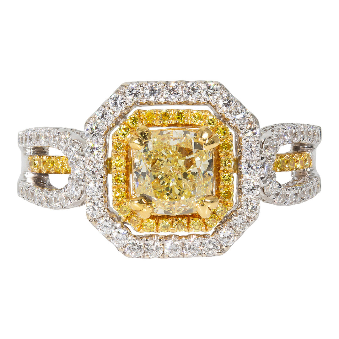 Double halo split shank ring in 18K two-tone with mixed french pave and pave set rounds, and double 4-prong set FY cushion cut diamond center stone.  D1.89ct.t.w.  (Center 1.02ct.)