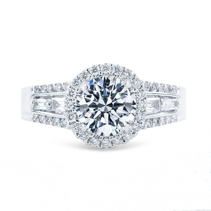 Halo semi-mount in 18K WG with french pave set rounds & 2-prong set baguette diamonds.  D0.48ct.t.w.