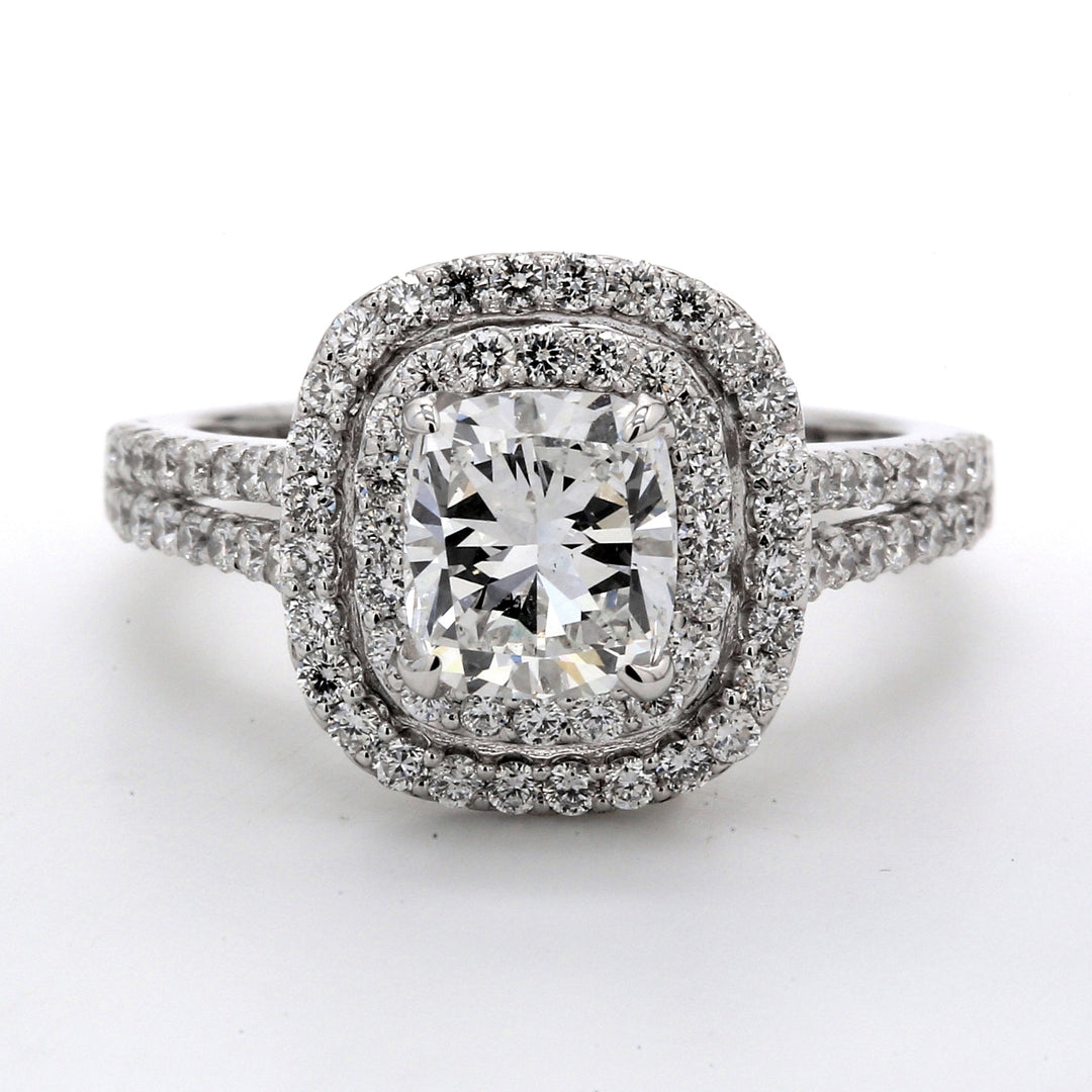 Double halo semi-mount with prong set round diamonds.  D0.81ct.t.w.  Size 6.75