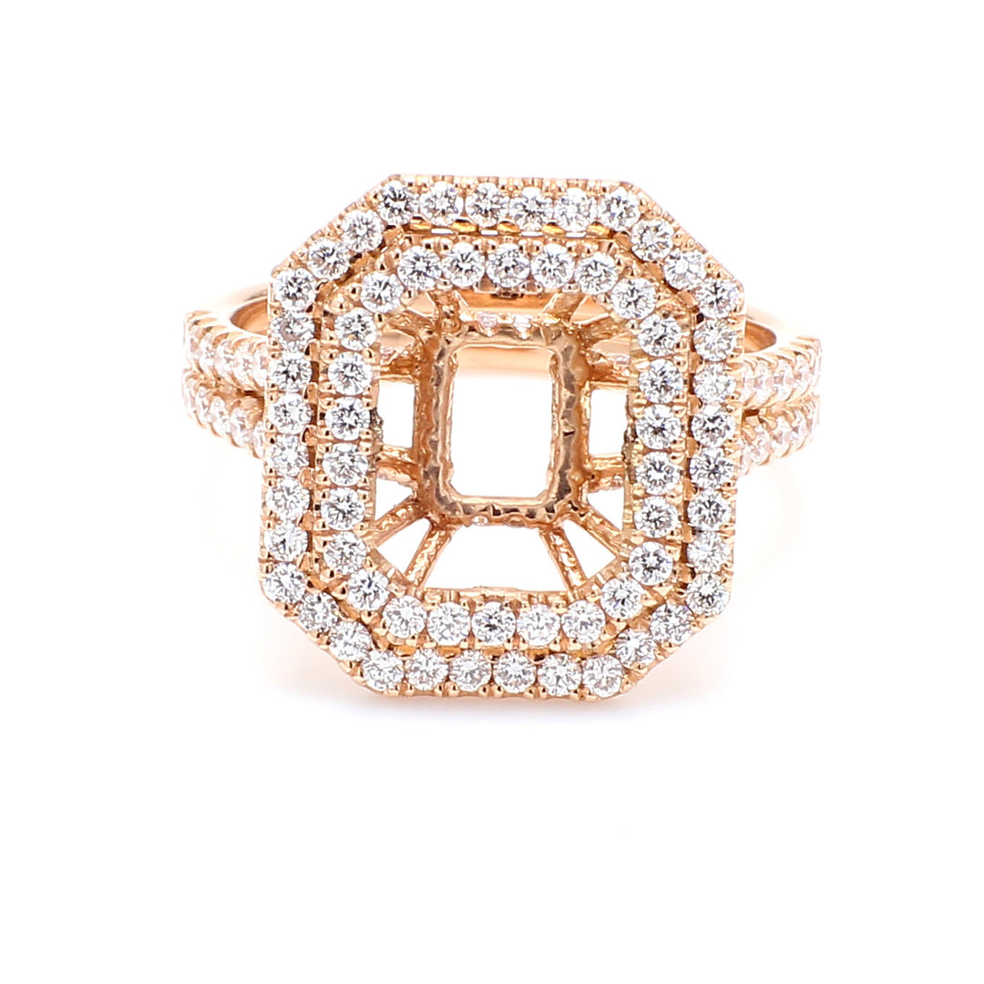 Double halo semi-mount in 18K rose gold with prong set round diamonds.  D1.05ct.t.w.