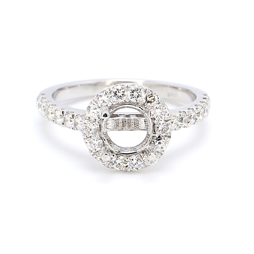 Halo semi-mount with U-prong set round diamonds.  D0.83ct.t.w.  Size 6.25