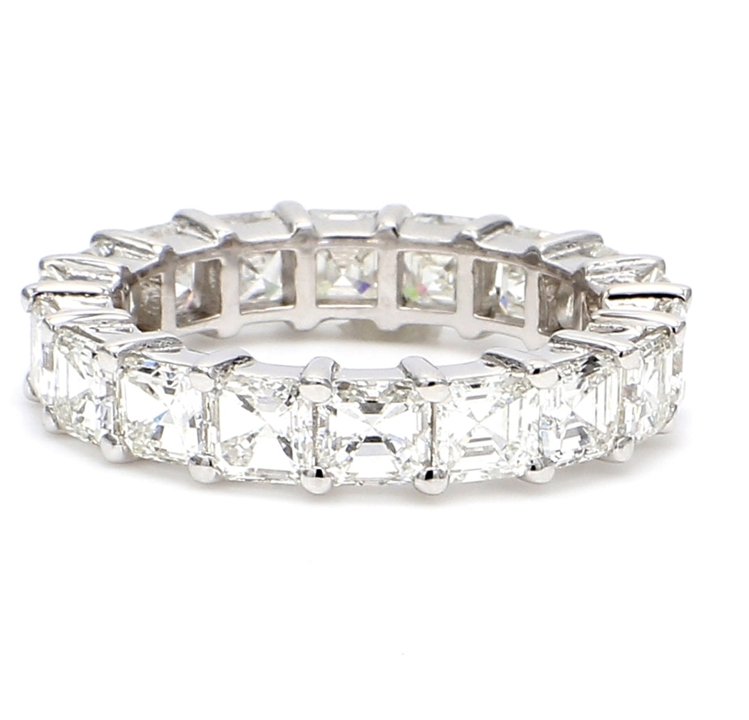 Eternity band with 4-prong set (18) asscher cut diamonds.  D5.42ct.t.w.  Size 7