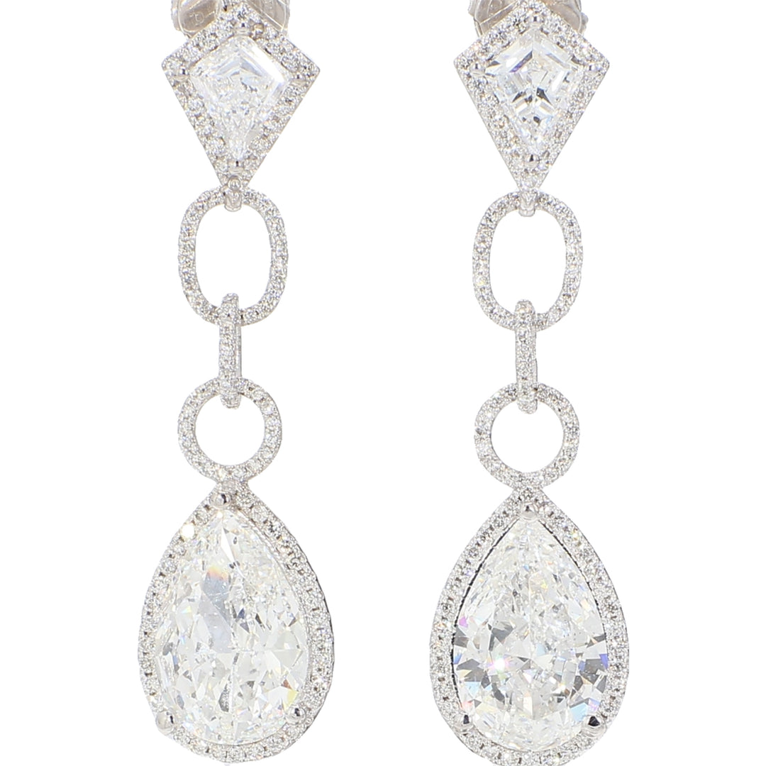 Halo dangling earrings in 18K WG with pave set rounds around GIA certified E-F/SI1 pear shapes, and kite shape diamonds.  D7.04ct.t.w.