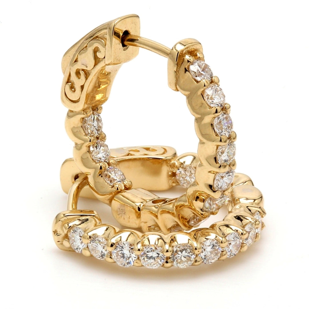 0.75"" Inside out hoop earrings in yellow gold with shared prong set (20) round diamonds & with special spring lock.  D3.80ct.t.w.