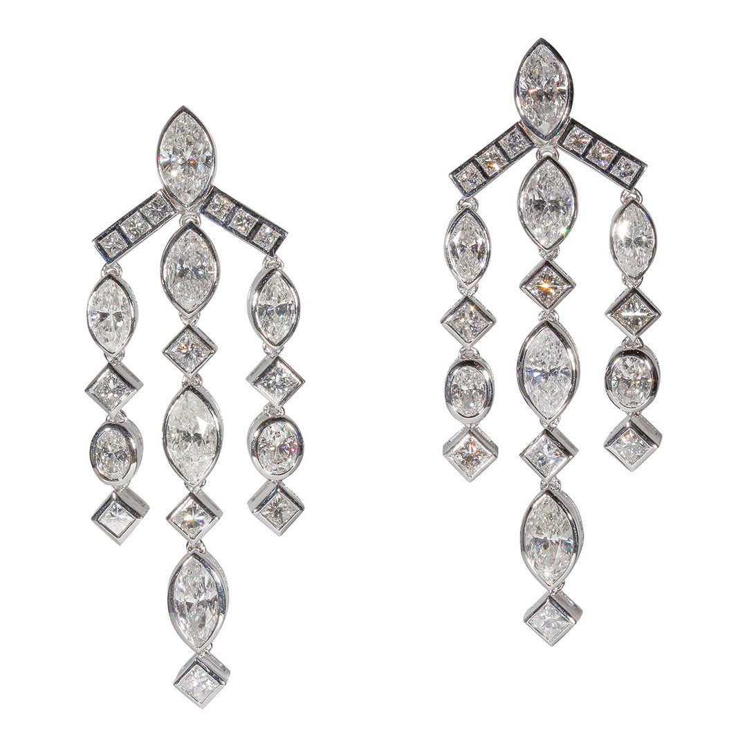 2"" Chandelier earrings in 18K WG with bezel set marquise, oval, & princess cut diamonds.  D7.88ct.t.w.