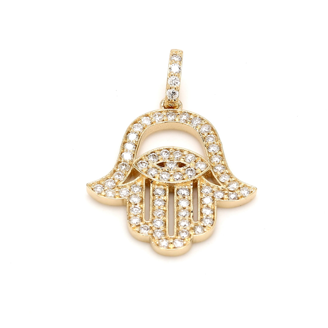 Hamsa pendant in yellow gold with pave set (62) round diamonds.  D0.61ct.t.w.