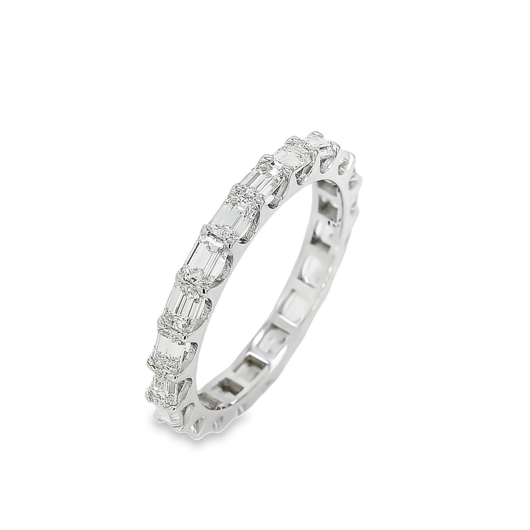 Eternity band east to west style with U-prong set emerald cut diamonds.  D1.91ct.t.w.  Size 6.25