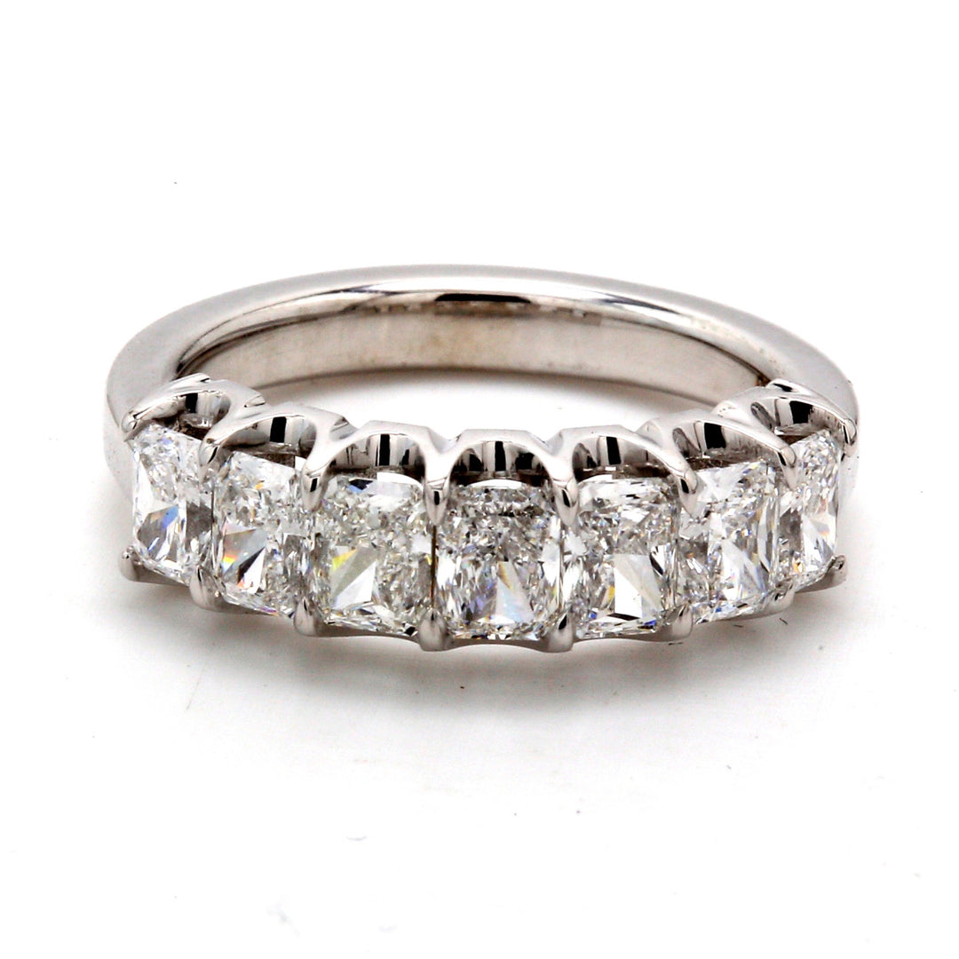 7-stone band in platinum with U-prong set radiant cut diamonds.  D1.84ct.t.w.  Size 6