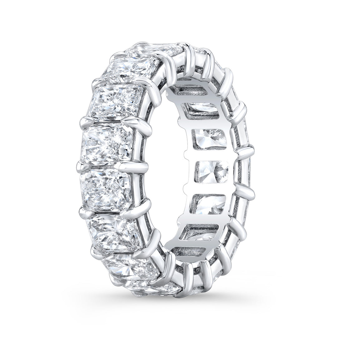 Eternity band in platinum with basket claw prong set H/VVS1-VS1 (20) radiant cut diamonds.  D6.31ct.t.w.  Size 7