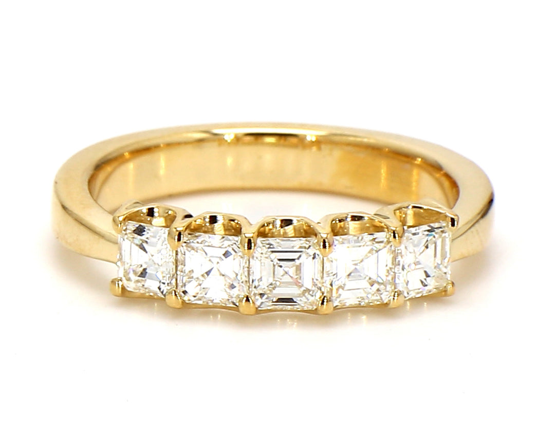 5-stone band in 18K YG with U-prong set asscher cut diamonds.  D1.06ct.t.w.  Size 7.5