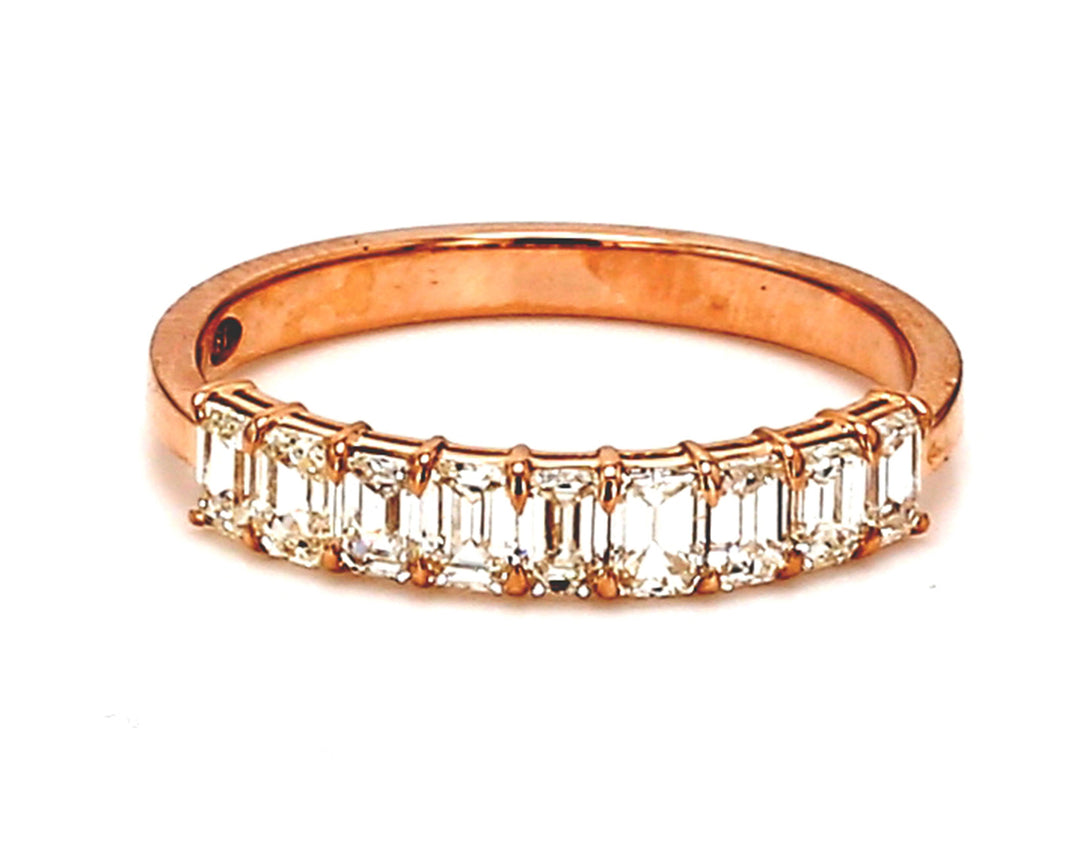 9-stone band in 18K RG with basket prong set emerald cut diamonds.  D0.86ct.t.w.  Size 6.5