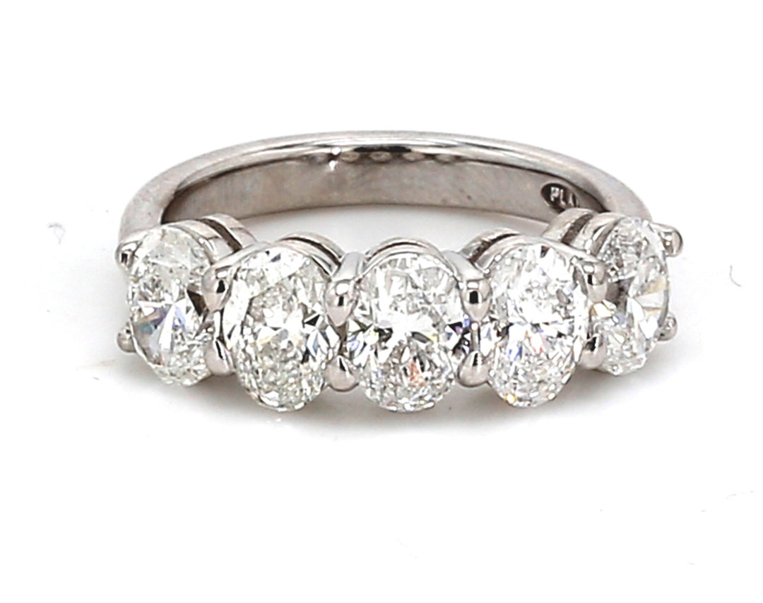 5-stone band in platinum with basket prong set GIA certified D-F/SI1-SI2 oval diamonds.  D2.50ct.t.w.  Size 5.75